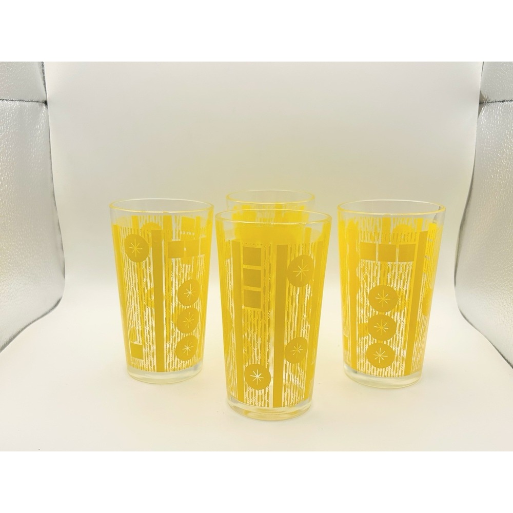 Vintage Yellow Atomic Starburst Glass Tumblers Set of 4 MCM Juice Glasses